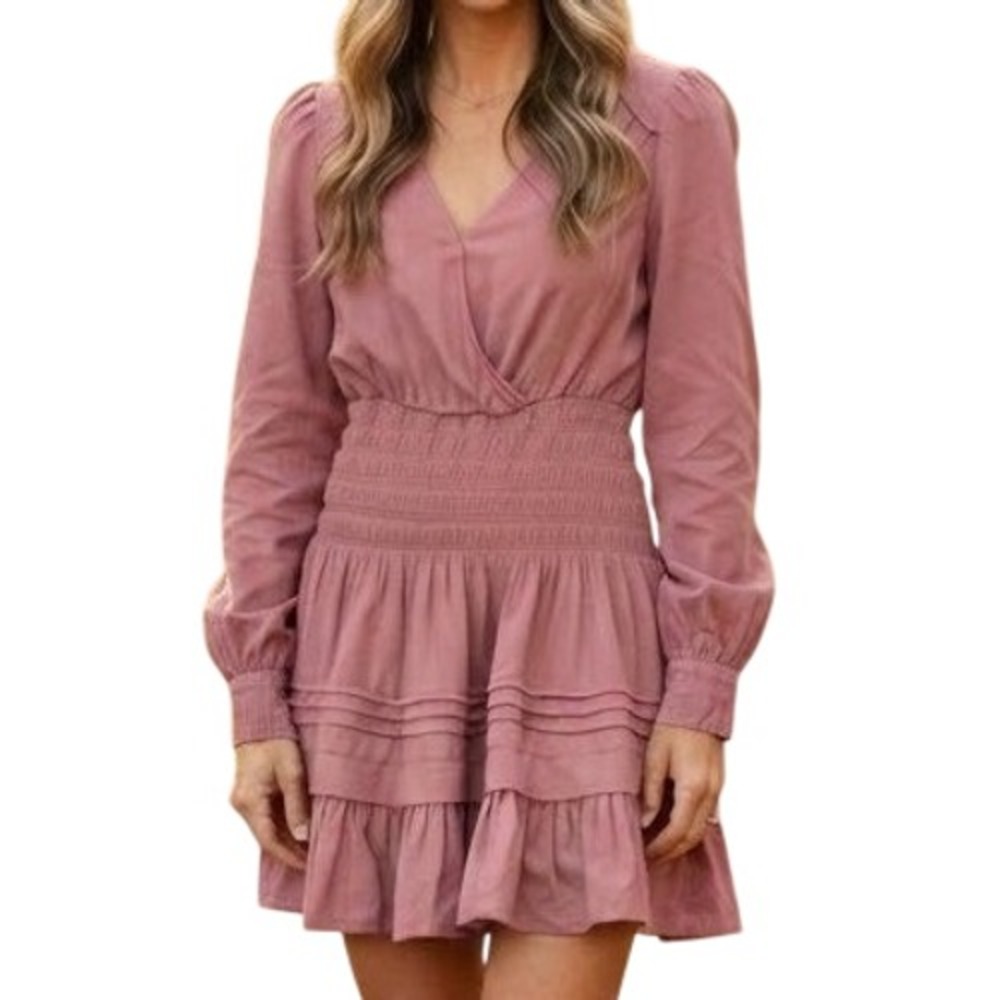 DO+BE Mauve Smocked Waist Tiered Ruffle Mini Dress Long Sleeve Large